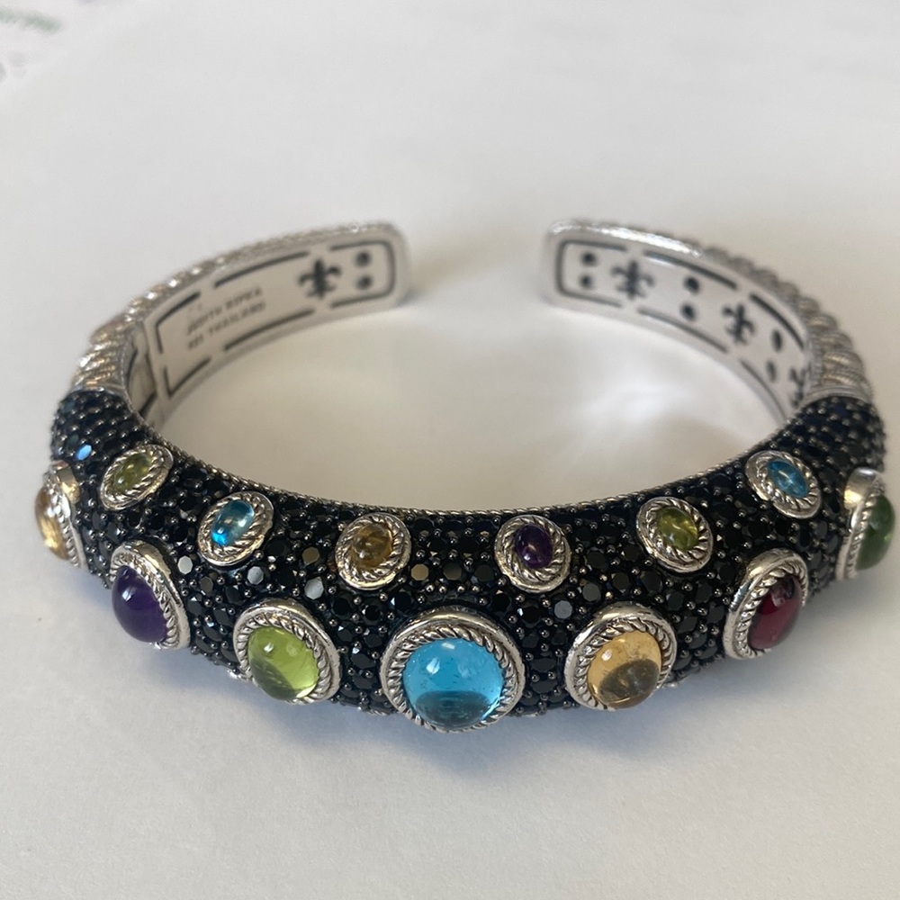 Judith Ripka Sterling 925 black spinel multi gemstone hinged bracelet EUC